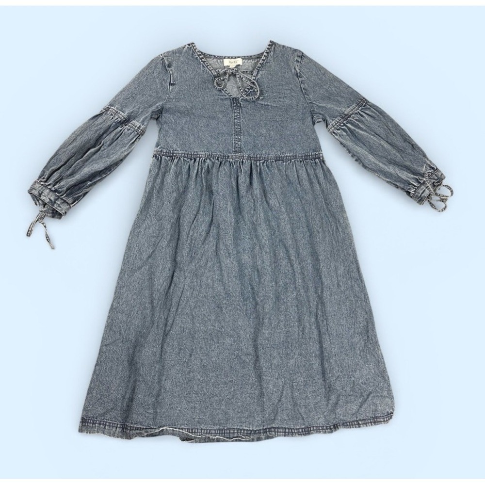 MYRA BAG Pleated Peasant Boho Western Market Denim Jean Dress Tie Neck SMALL